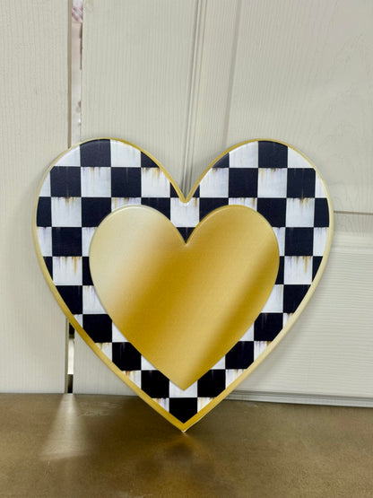 12 Inch Black White Gold Checkered Heart Metal Sign