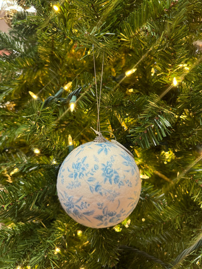 4.25 Inch Blue And White Vintage Floral Felt Ornament Ball