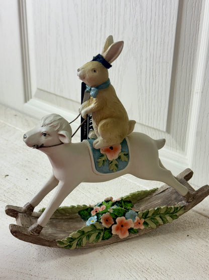 8.5 Inch Ceramic Bunny On Rocking Sheep