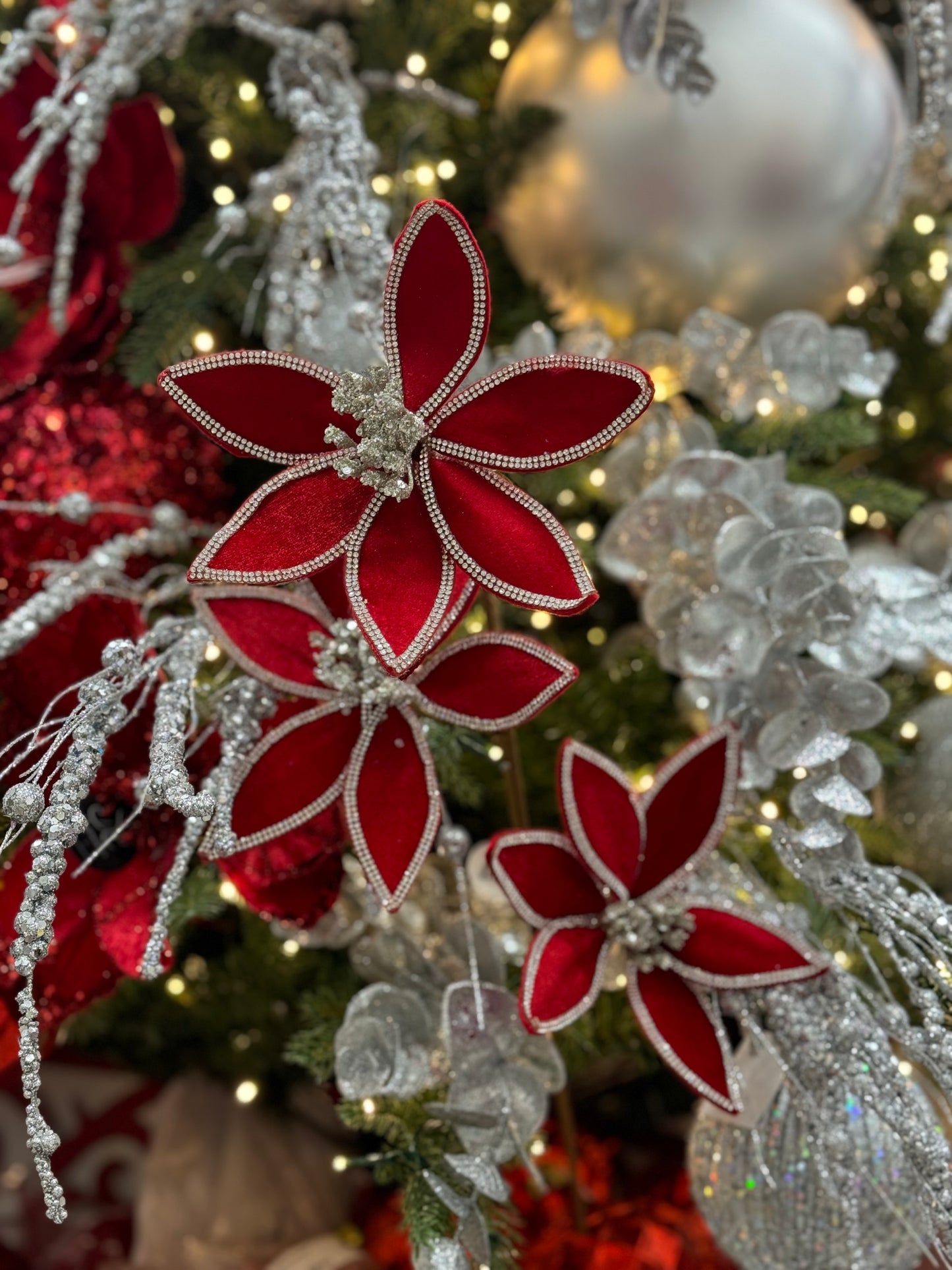 24 Inch Red Velvet Poinsettia Stem With Silver Jewels