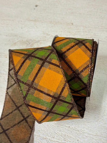 2.5 Inch By 10 Yard Brown Orange And Moss Glitter Plaid Ribbon