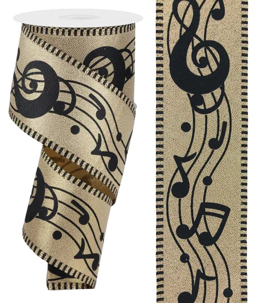 2.5 Inch By 10 Yard Gold And Black Bold Music Notes Striped Ribbon