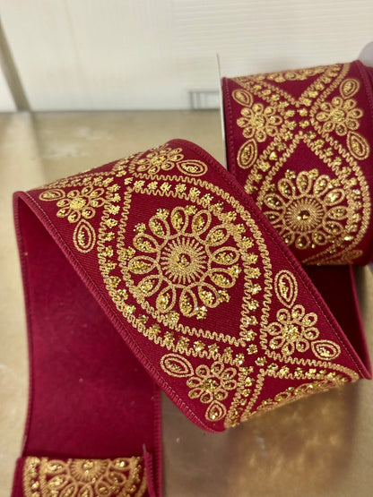 2.5 Inch By 10 Yard Wine And Gold Deluxe Wavy Floral Ribbon