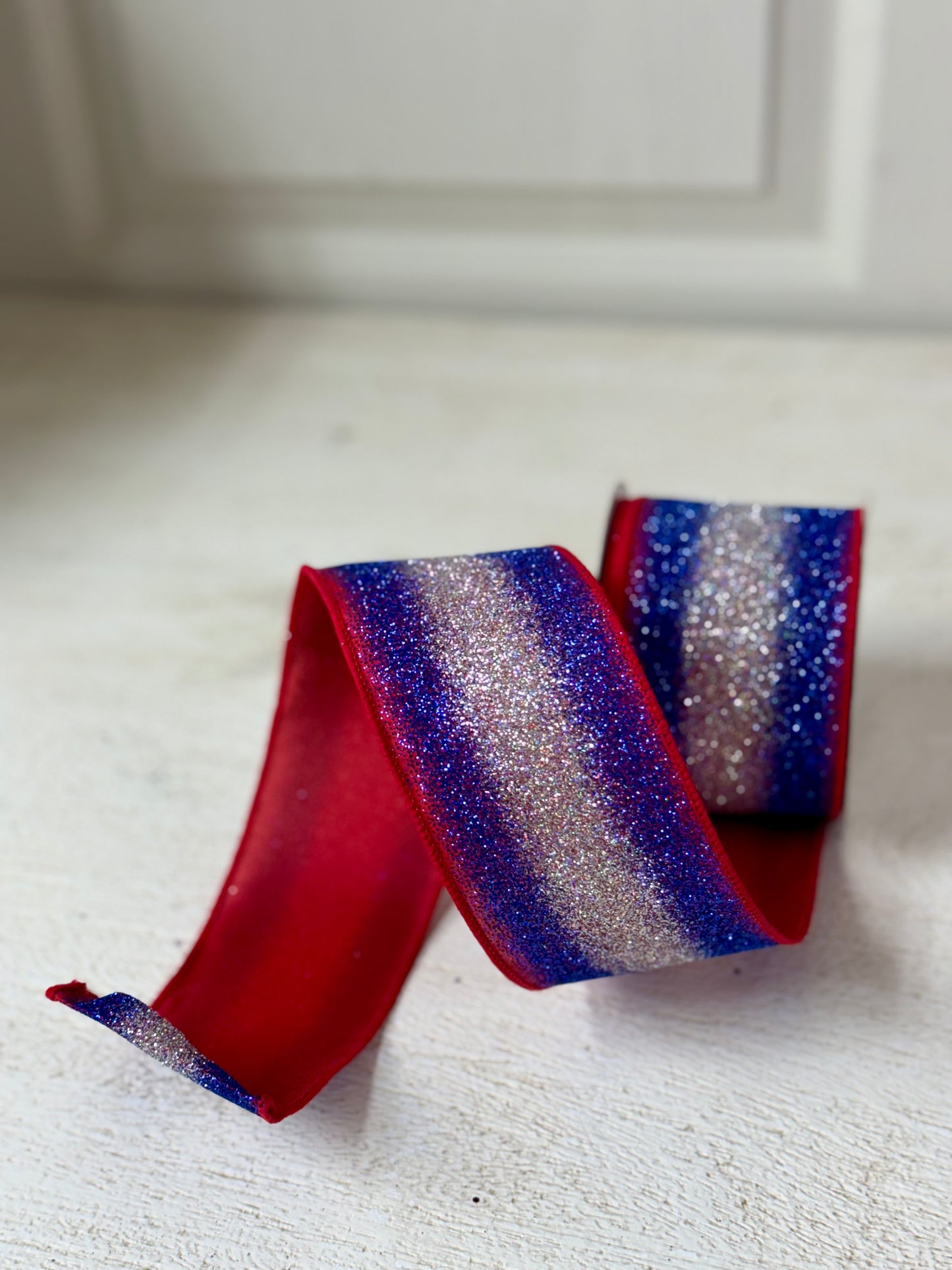 2.5 Inch By 10 Yard Red Royal Blue And Silver Gradient Glitter Ribbon