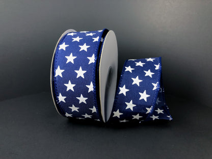 1.5 Inch By 10 Yard Navy Satin With White Stars Ribbon