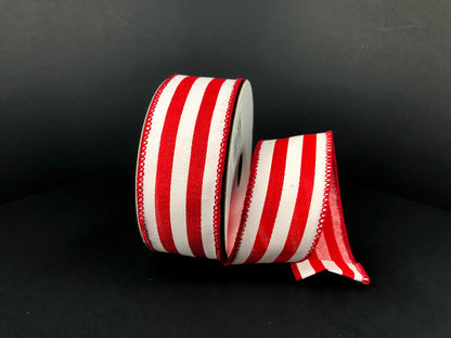 1.5 Inch By 10 Yard Red And White Linen Cabana Striped Ribbon