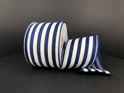 2.5 Inch By 10 Yard Navy And White Cabana Stripe Ribbon