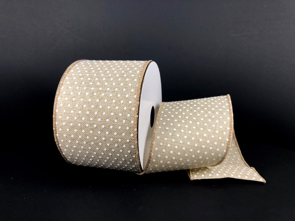 2.5 Inch By 10 Yard Natural Background With White Polka Dots Ribbon