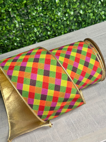 4 Inch By 10 Yard Multi Jewel Tone Check Plaid With Gold Metallic Fused Dupioni Ribbon