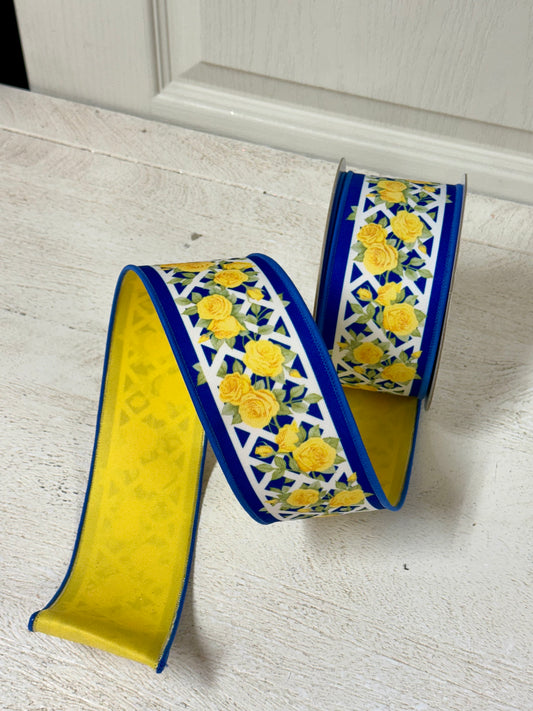 2.5 Inch By 10 Yard Blue And Yellow Rose Trellis Fused Backing Ribbon