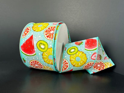 2.5 Inch By 10 Yard Aqua Fruits Ribbon