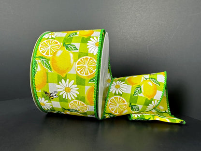 2.5 Inch By 10 Yard Green And Yellow Lemons Daisies And Bees Ribbon