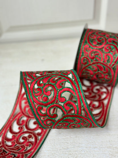 4 Inch By 10 Yard Designer Red And Emerald Scroll Ribbon