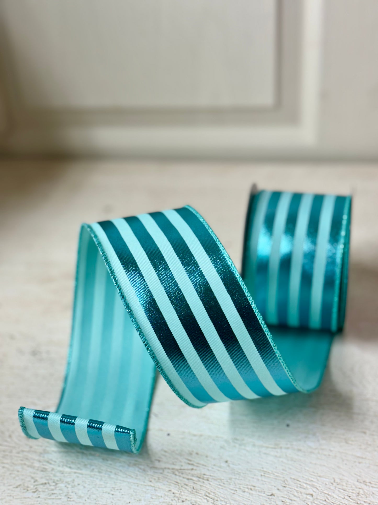 2.5 Inch By 10 Yard Ice Blue Metallic Vertical Striped Ribbon