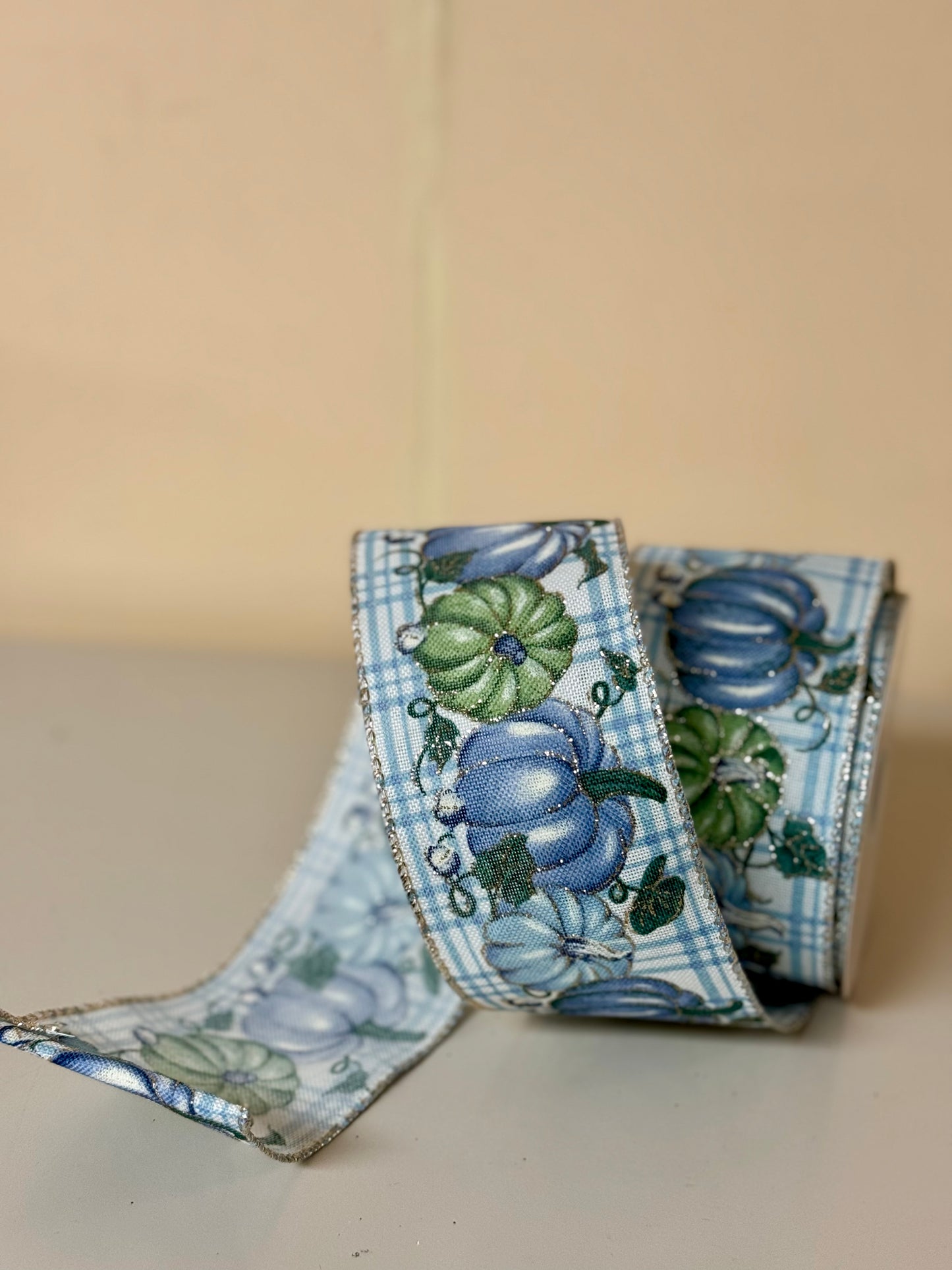 2.5 Inch By 10 Yard Blue Gingham With Blue And Sage Pumpkin Scene Ribbon