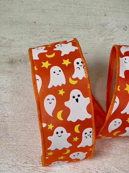 2.5 Inch By 10 Yard Orange Ghost Moon And Star Ribbon