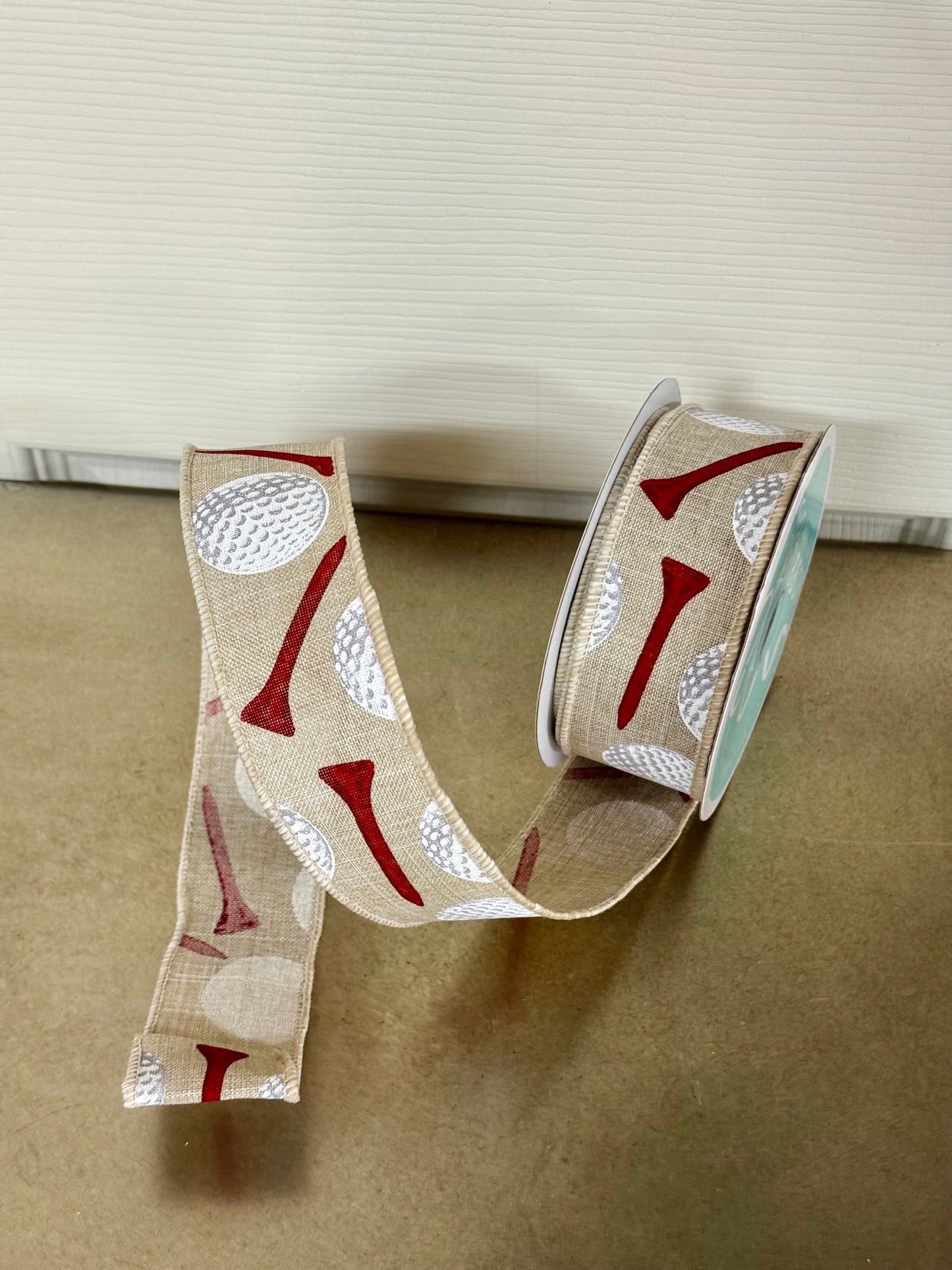 1.5 Inch By 10 Yard Tan And Red Golf Ball Ribbon