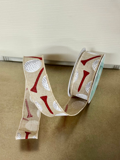 1.5 Inch By 10 Yard Tan And Red Golf Ball Ribbon