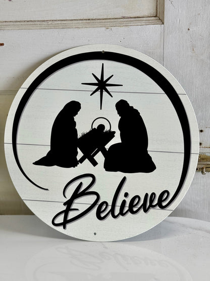 White And Black Believe Metal Sign With Nativity Scene