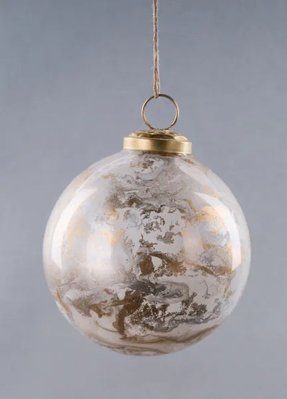 4 Inch White Gold And Silver Marble Glass Ball Ornament