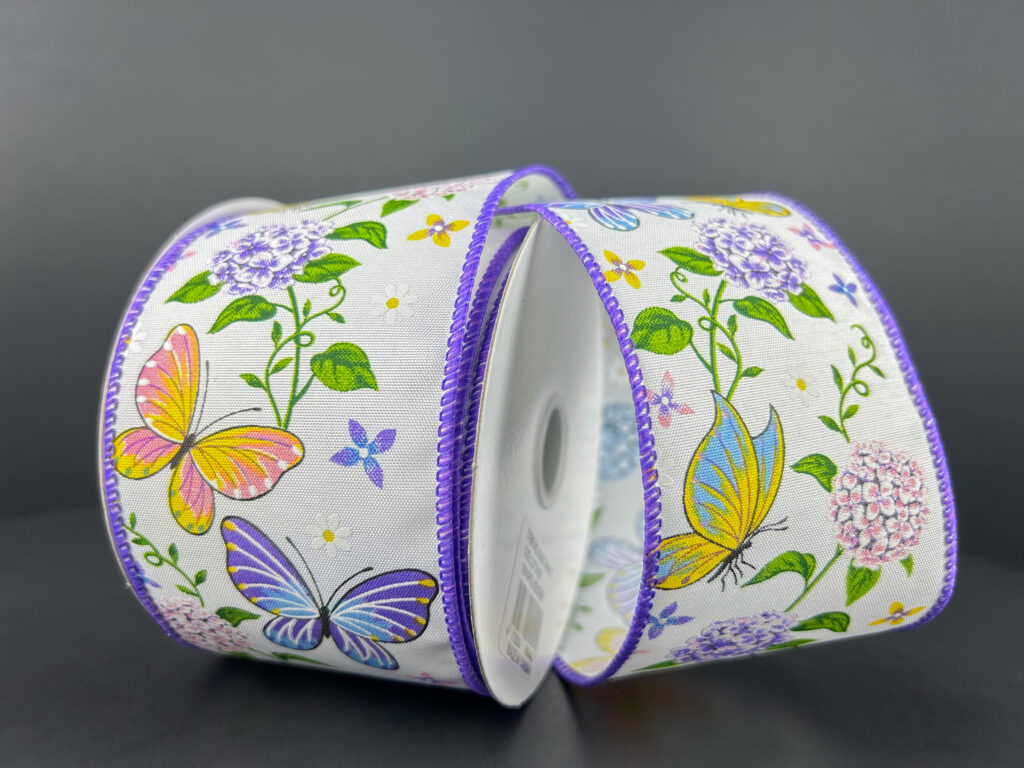 2.5 Inch By 10 Yard Purple With Butterfly And Hydrangea Ribbon