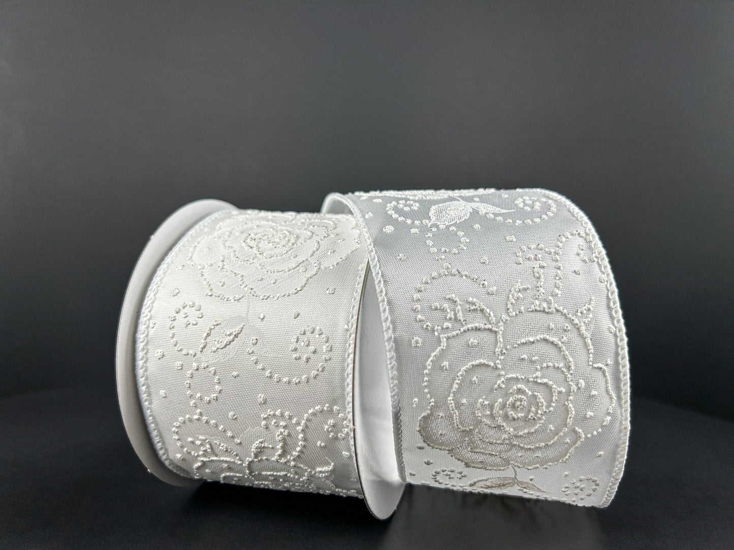 2.5 Inch By 10 Yard White Rose With Pearl Dots Ribbon
