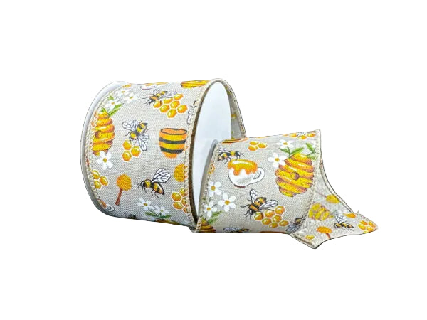 2.5 Inch By 10 Yard Working Bees With Flowers On Natural Background Ribbon