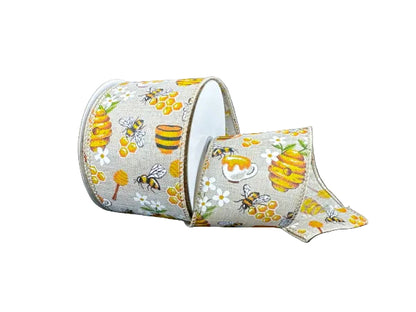 2.5 Inch By 10 Yard Working Bees With Flowers On Natural Background Ribbon