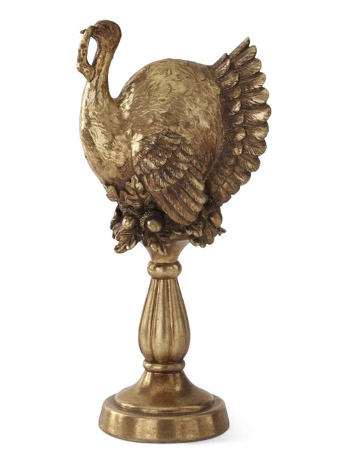 13.25 Inch Gold Resin Turkey On Pedestal