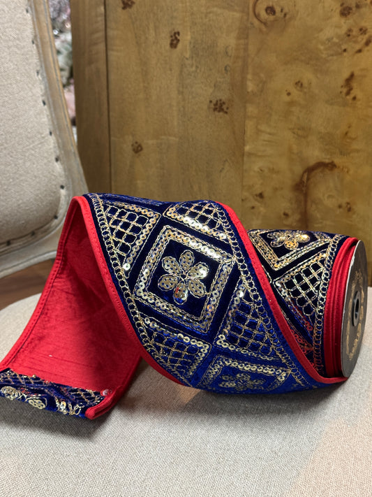 John Mark 4 Inch By 5 Yard Red And Blue Sequin Embroidered With Velvet Fused Piping Ribbon