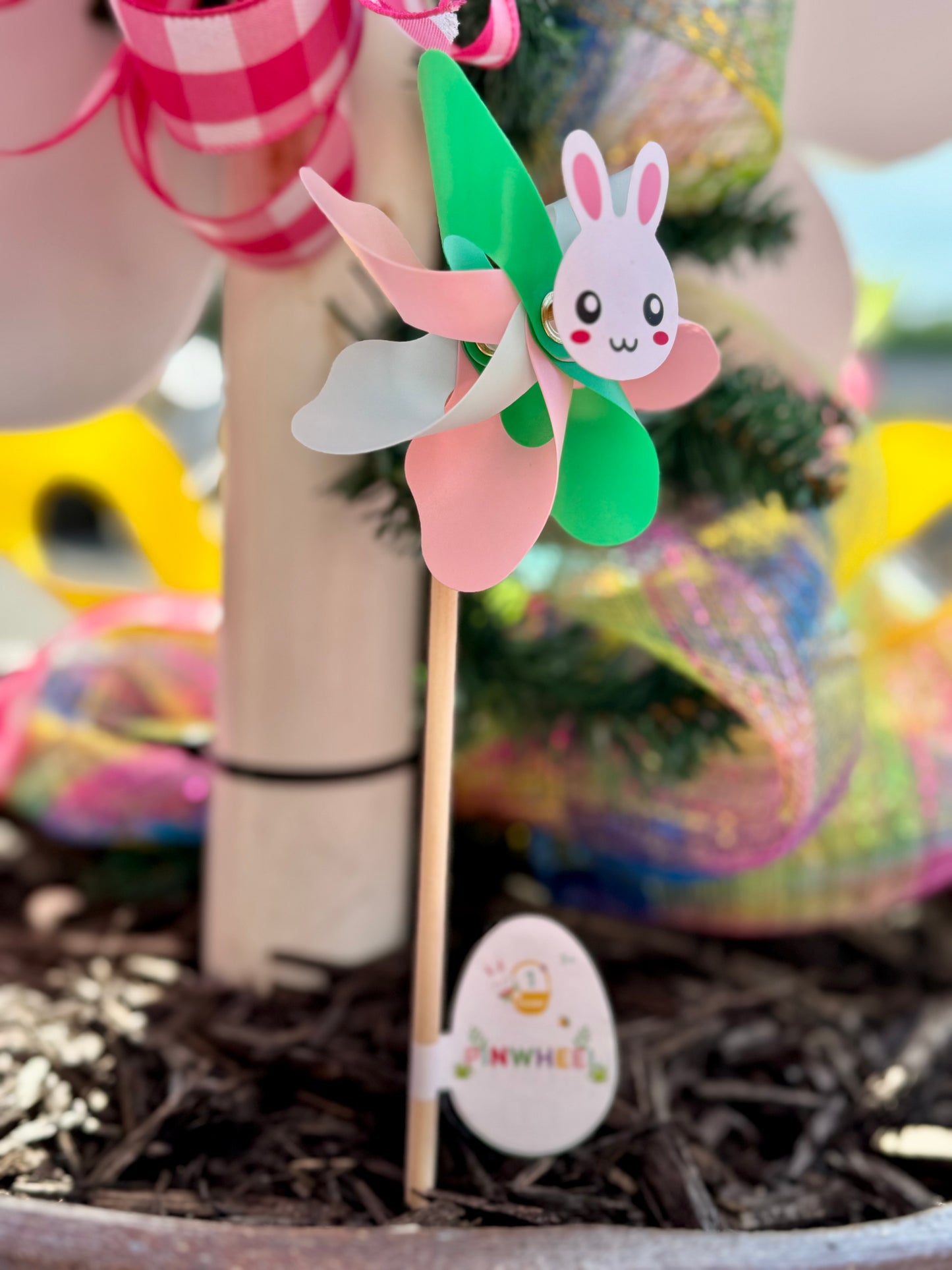 Green Blue And Pink Pinwheel With Easter Bunny