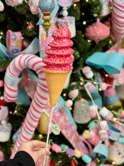 Red And Pink Ice Cream Cone With Sprinkles Stem