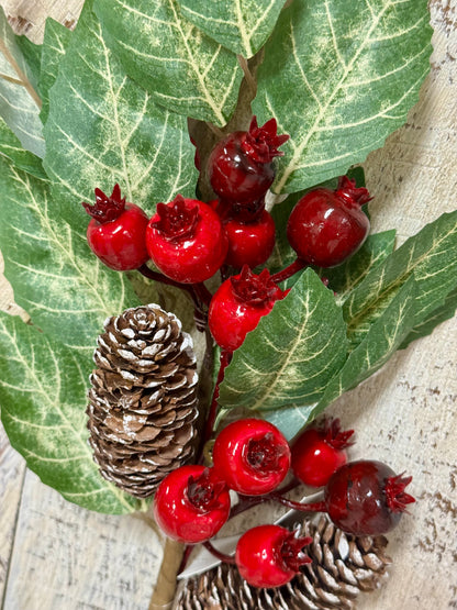 16 Inch Red And Green Berry Pinecone With Leaves Pick