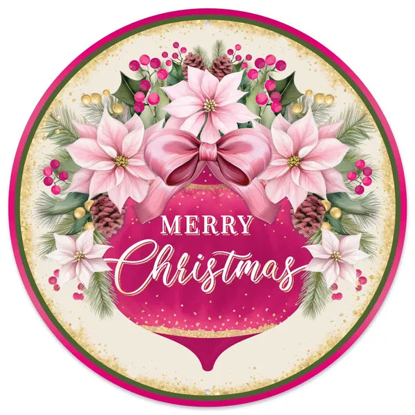 12 Inch Pink And Red Merry Christmas With Ornament Metal Sign
