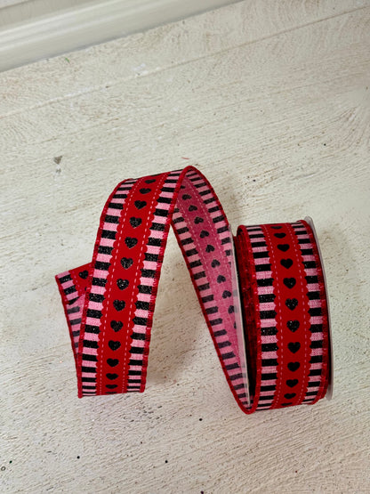 1.5 Inch By 10 Yard Black Red And Pink Scallop Hearts Ribbon