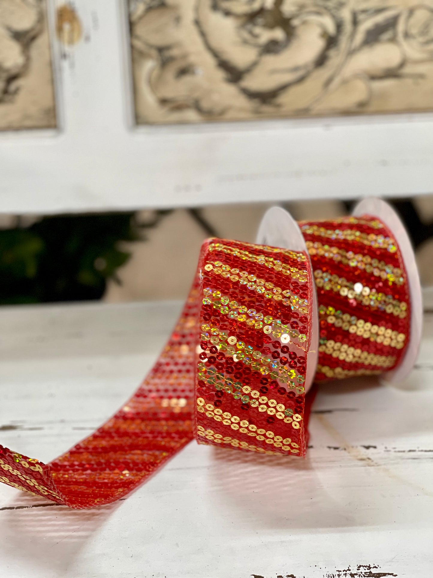 2.5 Inch By 10 Yards Wired Red and Gold Sheer Sequin Ribbon