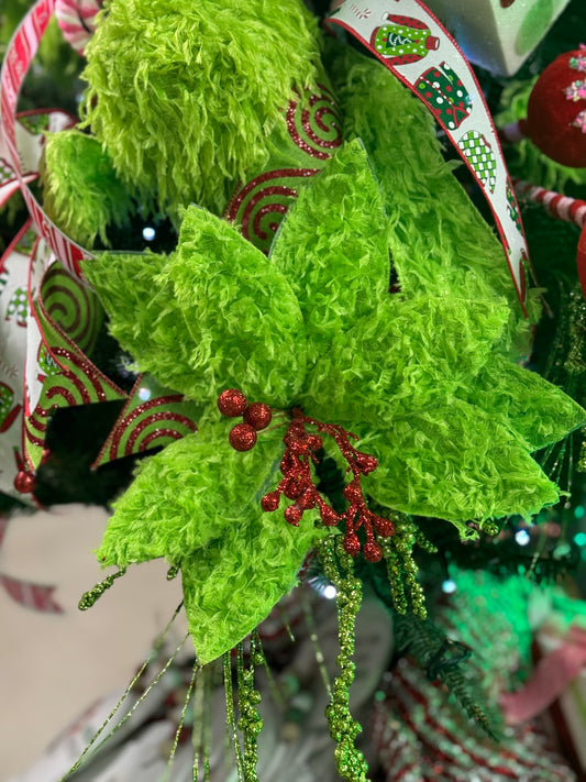 11 Inch Green Furry Feather Poinsettia Stem