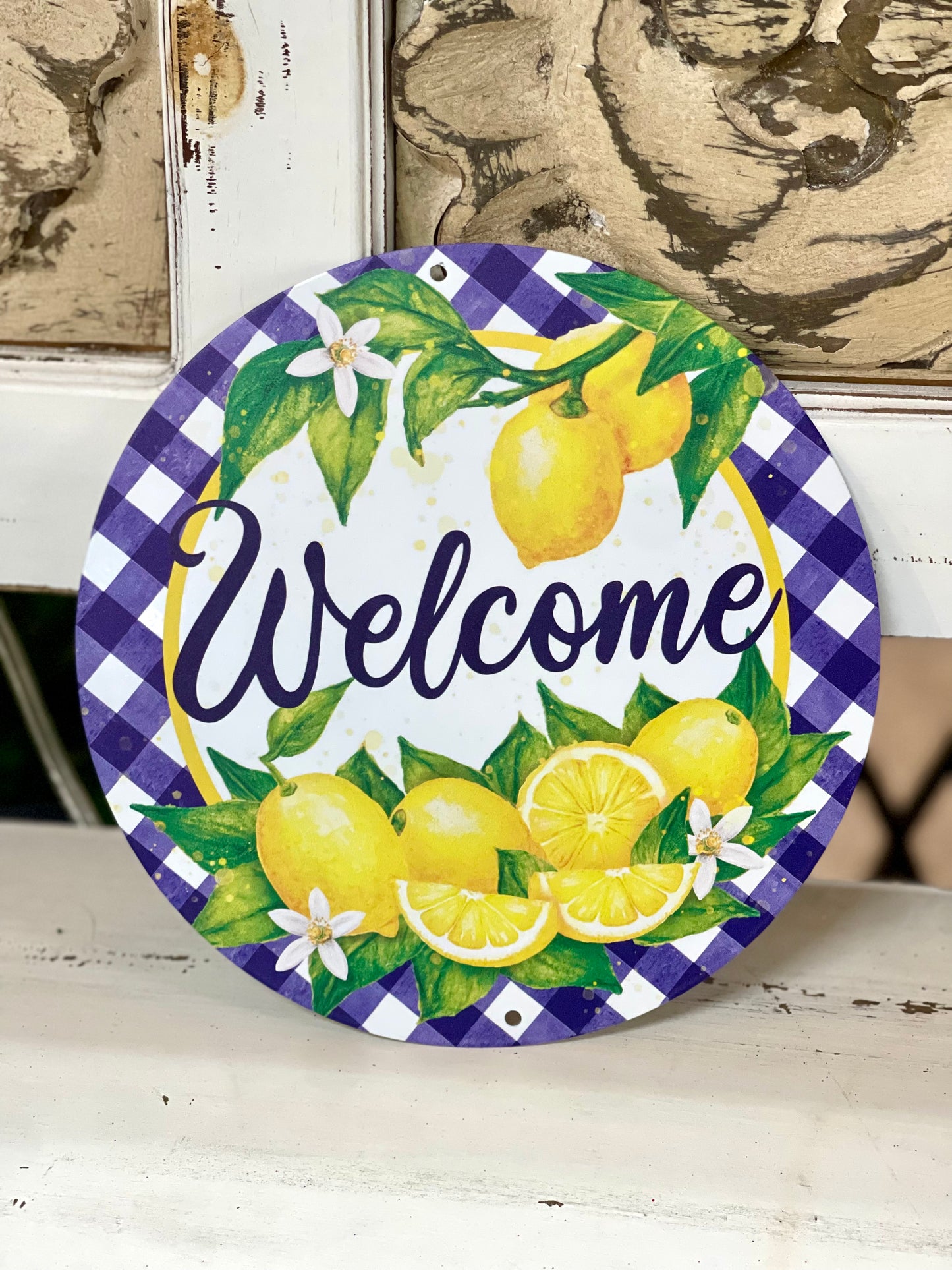 8 Inch Welcome With Lemons Blue Check Metal Sign