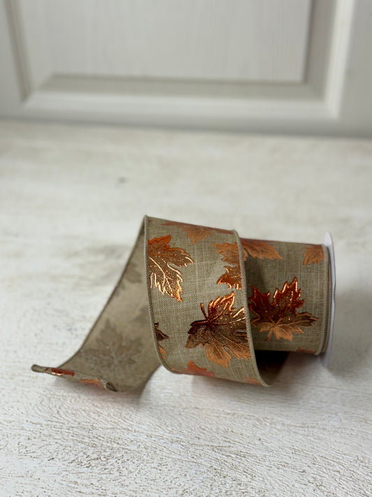 2.5 Inch By 10 Yard Beige With Copper Maple Leaves Ribbon