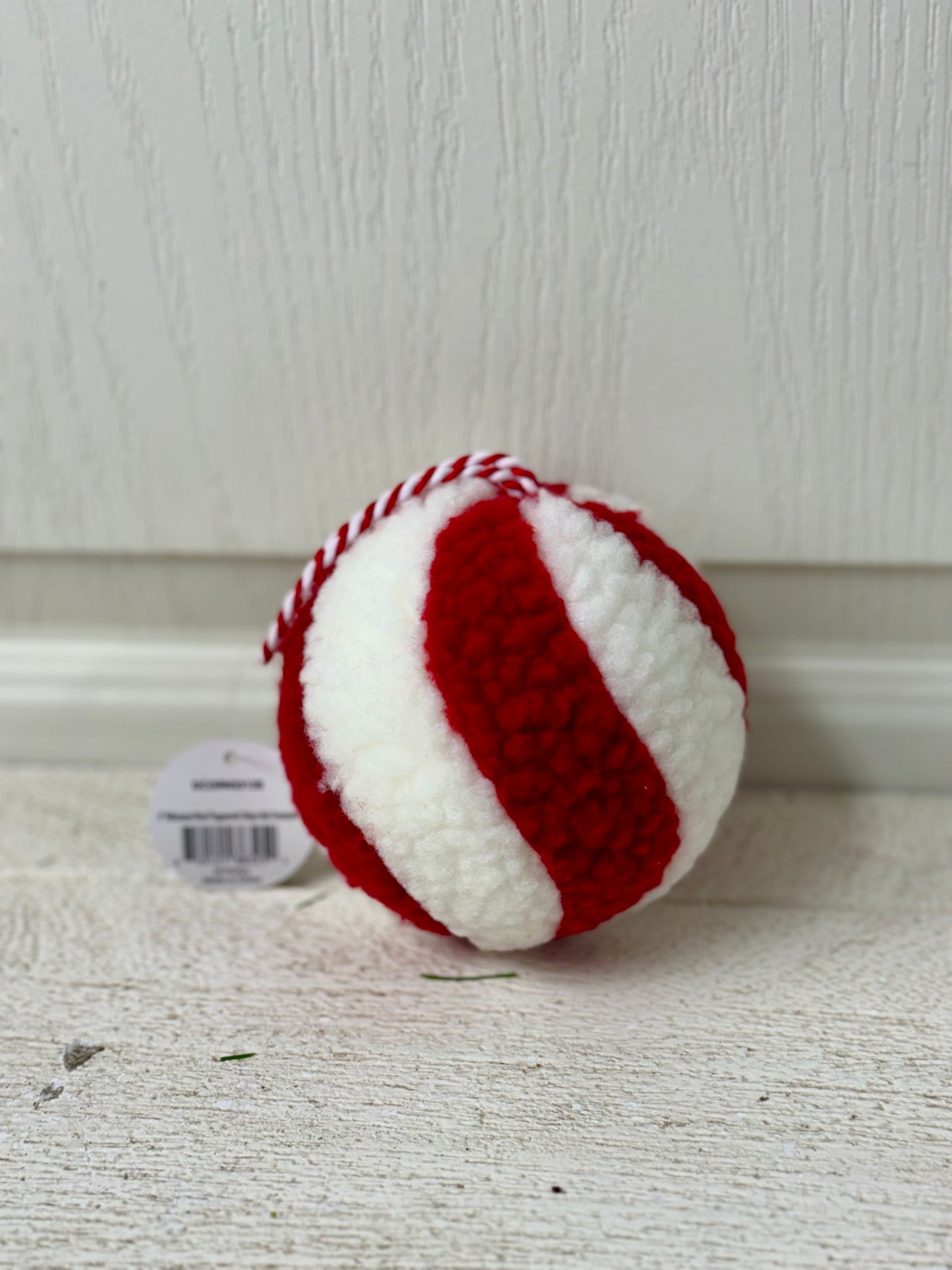 4 Inch Red And White Whimsical Wool Peppermint Stripe Ornament Ball