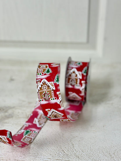 1.5 Inch By 10 Yard Red With Gingerbread Houses Ribbon