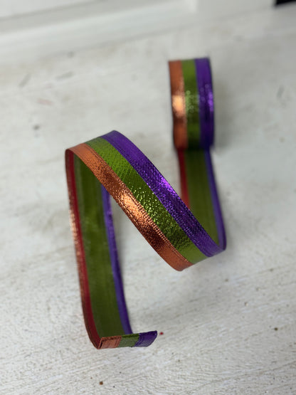 1.5 Inch By 10 Yard Purple Orange And Lime Metallic Stripe Ribbon