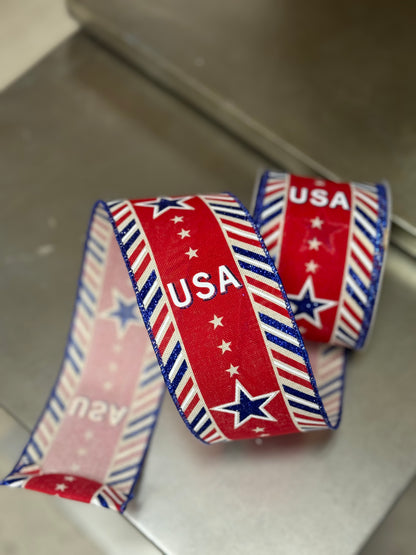 2.5 Inch By 10 Yard USA Ribbon With Diagonal Border Ribbon