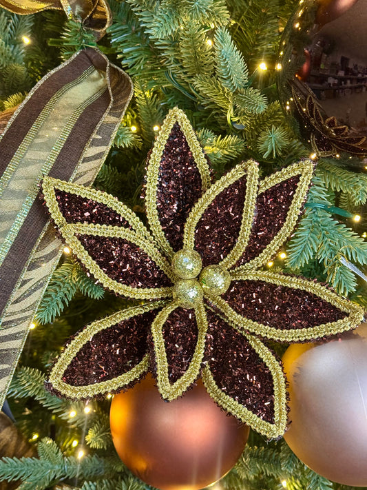 14 Inch Chocolate And Gold Glitter Laced Edge Poinsettia Pick