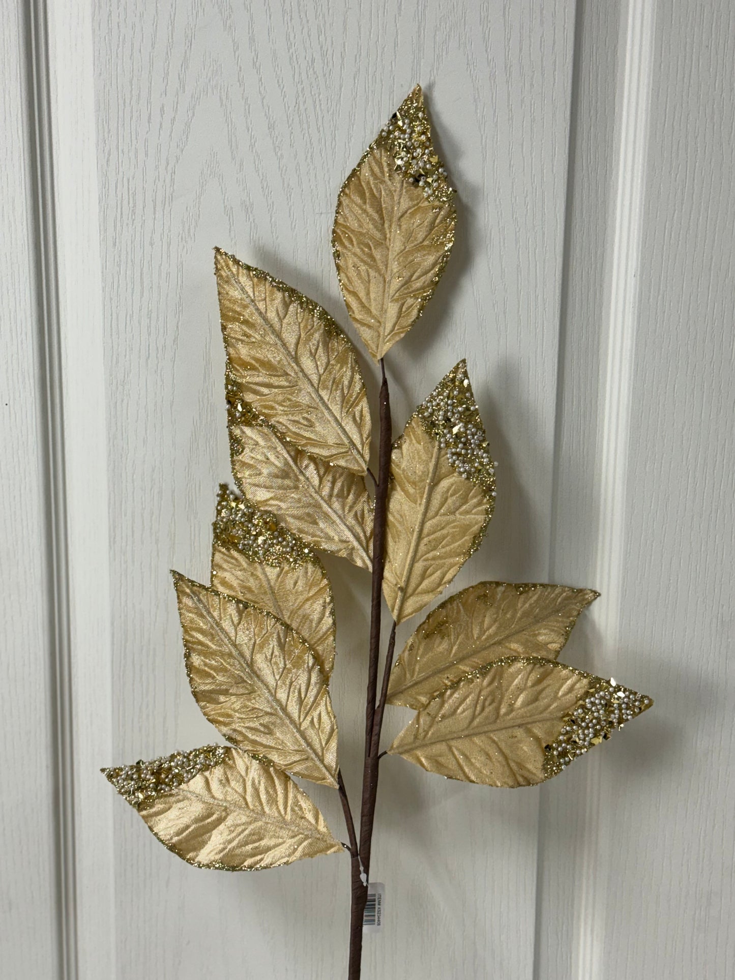 31.5 Inch Gold Pressed Velvet Glitter Leaf Spray With Pearls