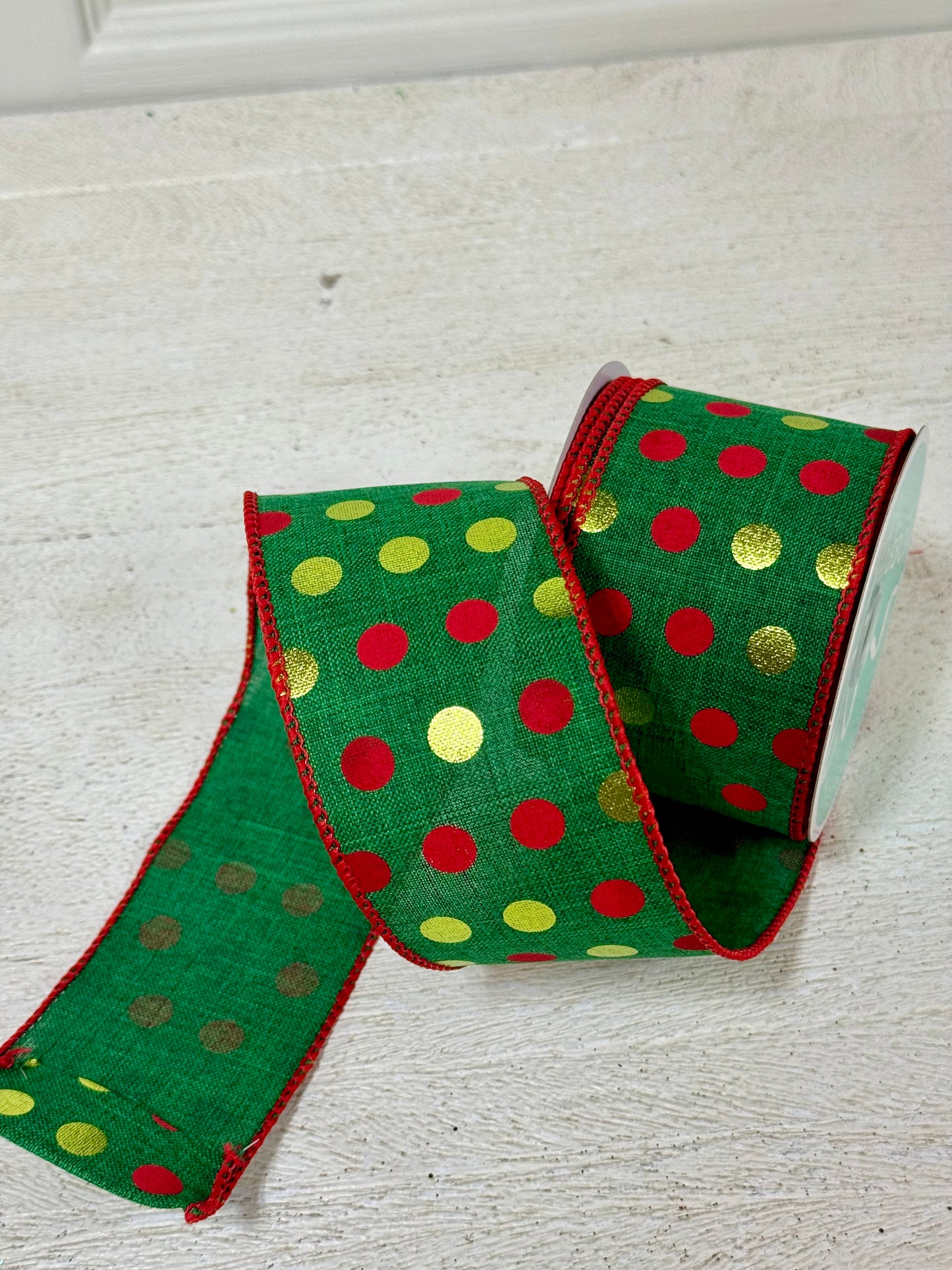 2.5 Inch By 10 Yard Red Emerald And Lime Metallic Polka Dot Ribbon