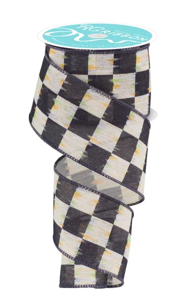2.5 Inch By 10 Yard Beige And Black Bold Antique Checkerboard Ribbon