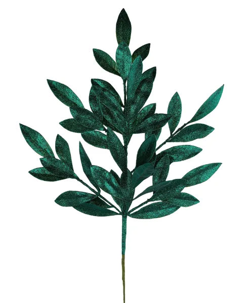 23 Inch Hunter Green Glitter Bay Leaf Spray