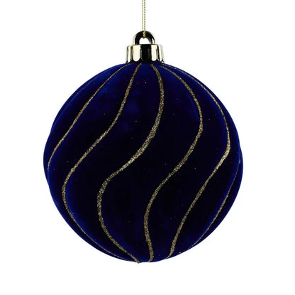 5 Inch Navy And Gold Flocked Glitter Stripe Ball Ornament