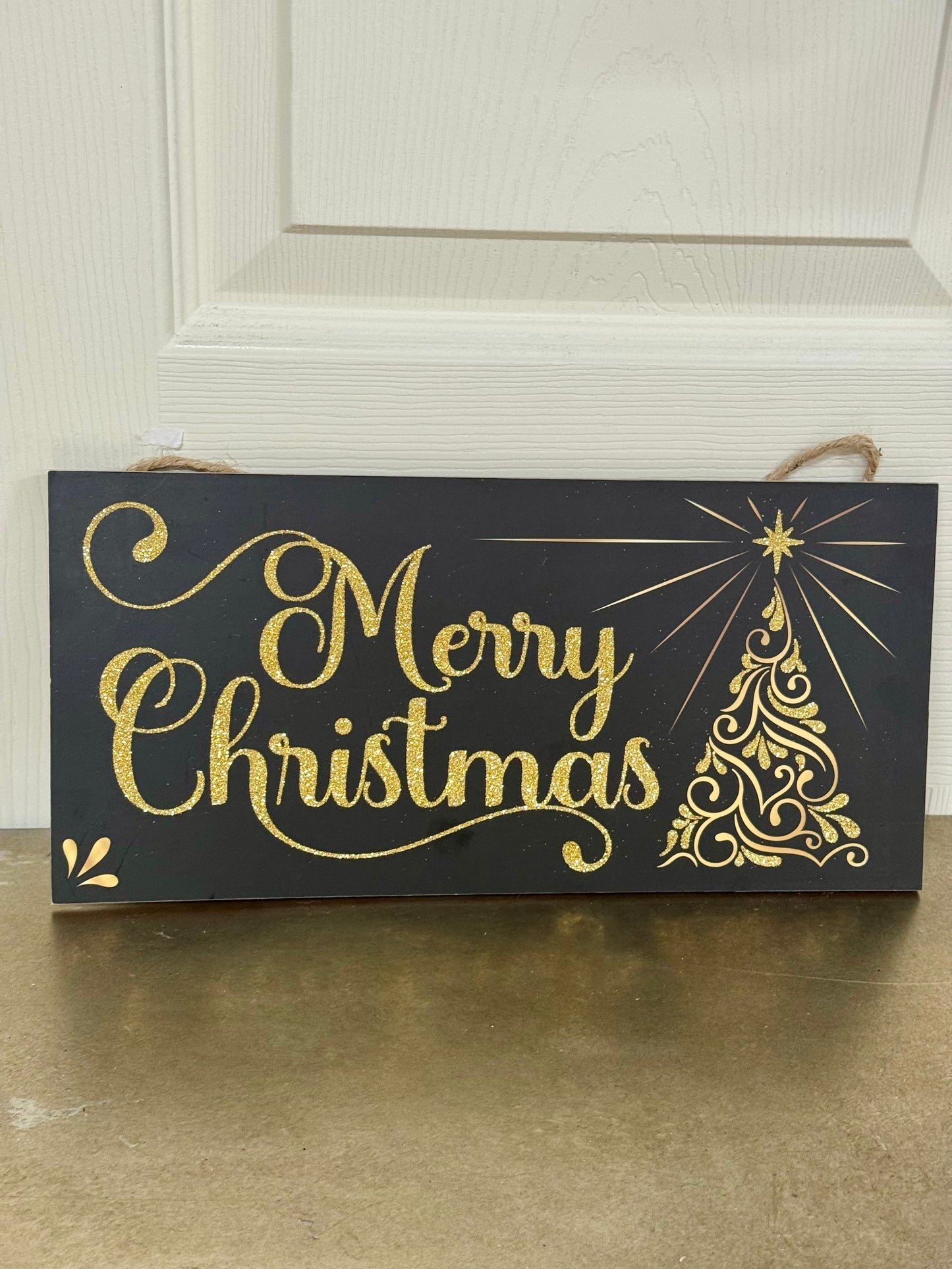 12.5 Inch Black And Gold Merry Christmas Swirl Tree Wooden Sign